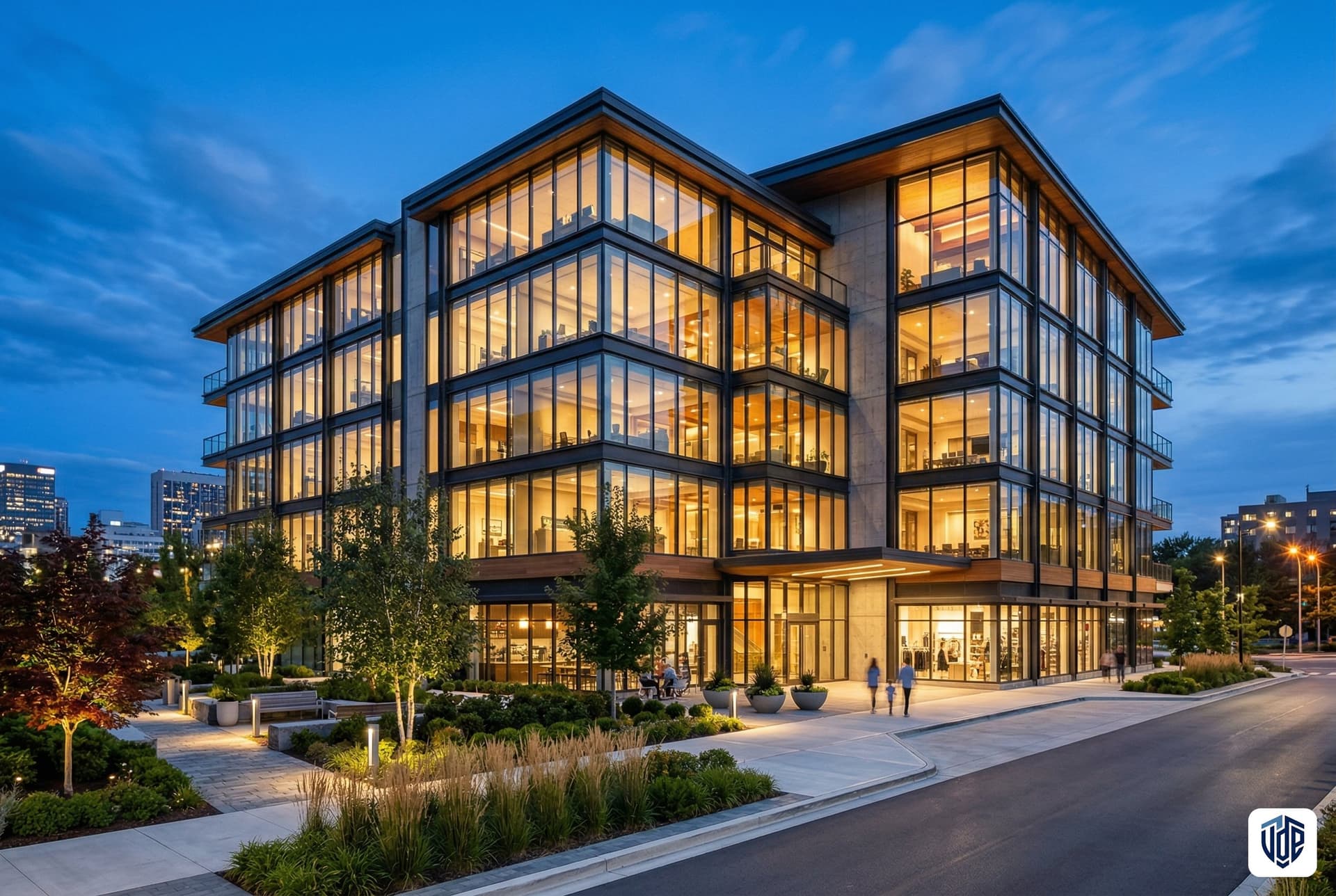 Modern commercial building at twilight